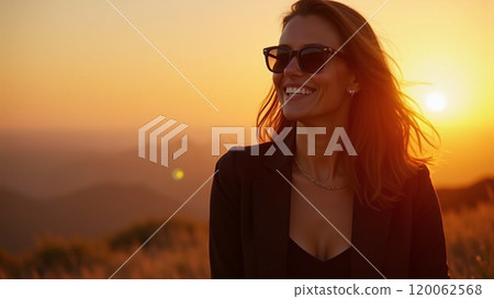 Sunny Vibes Fashionable Woman in Black Smiling at Sunset 120062568