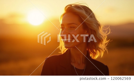 Sunny Vibes Fashionable Woman in Black Smiling at Sunset 120062569