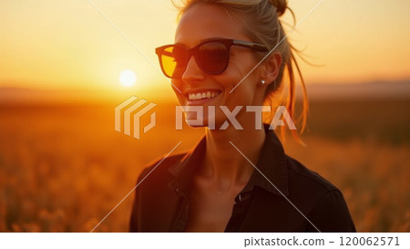 Sunny Vibes Fashionable Woman in Black Smiling at Sunset Sunny Vibes Fashionable Woman in Black Smiling at Sunset 120062571