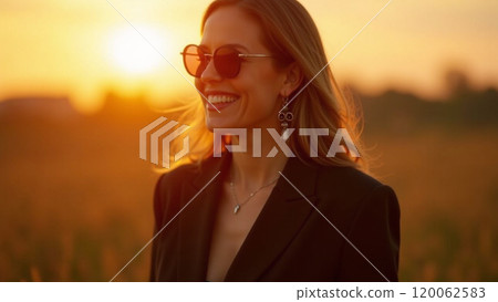Sunny Vibes Fashionable Woman in Black Smiling at Sunset 120062583