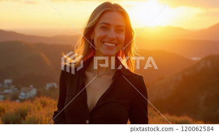Sunny Vibes Fashionable Woman in Black Smiling at Sunset Sunny Vibes Fashionable Woman in Black Smiling at Sunset 120062584