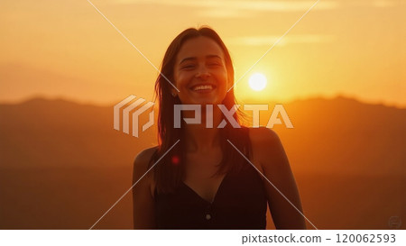 Sunny Vibes Fashionable Woman in Black Smiling at Sunset 120062593