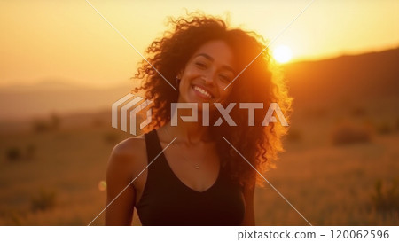 Sunny Vibes Fashionable Woman in Black Smiling at Sunset Sunny Vibes Fashionable Woman in Black Smiling at Sunset 120062596
