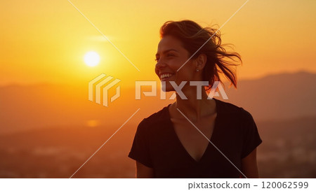 Sunny Vibes Fashionable Woman in Black Smiling at Sunset 120062599