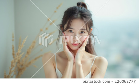 Minimalist Beauty Asian Girl Touching Face in Panoramic Shot Minimalist Beauty Asian Girl Touching Face in Panoramic Shot 120062777