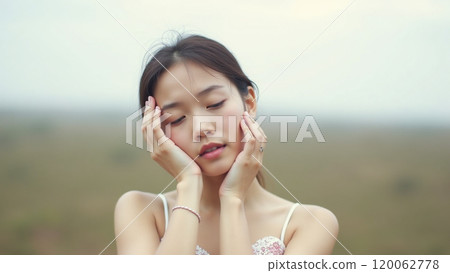 Minimalist Beauty Asian Girl Touching Face in Panoramic Shot 120062778