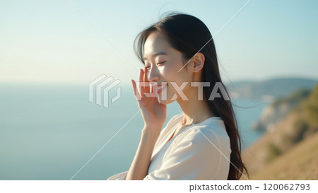 Minimalist Beauty Asian Girl Touching Face in Panoramic Shot Minimalist Beauty Asian Girl Touching Face in Panoramic Shot 120062793