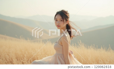 Delicate Touch Beautiful Asian Girl Posing on Beige in Panoramic View 120062818