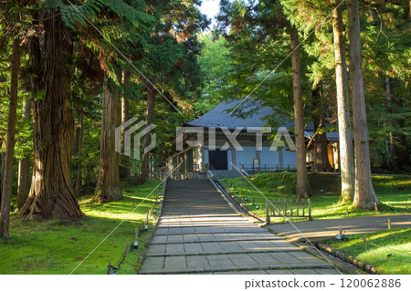 Chusonji Temple, Autumn, Morning sun shining into the Golden Hall, Iwate Prefecture 120062886