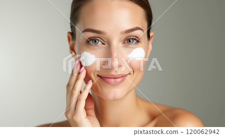 Healthy Skin Glow Woman Applying Hydrating Cream, Beauty Concept 120062942