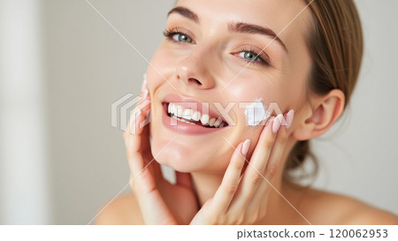 Healthy Skin Glow Woman Applying Hydrating Cream, Beauty Concept 120062953