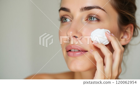 Healthy Skin Glow Woman Applying Hydrating Cream, Beauty Concept 120062954