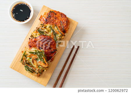 Pajeon or Korean pancake and Korean Kimchi pancake or Kimchijeon on white background Pajeon or Korean pancake and Korean Kimchi pancake or Kimchijeon on white background 120062972