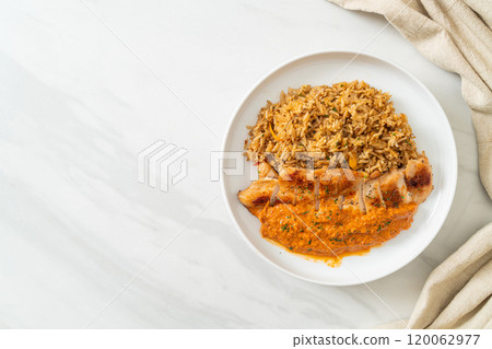grilled chicken steak with red curry sauce and rice grilled chicken steak with red curry sauce and rice 120062977