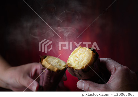 秋天的味道:地瓜(Sweet Potato) 將烤好的紅薯用手敲碎。 秋天的味道:地瓜(Sweet Potato) 將烤好的紅薯用手敲碎。 120063063