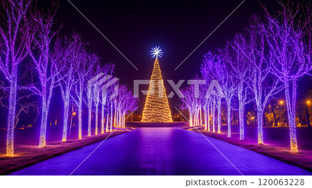 Blue illumination and Christmas tree 120063228