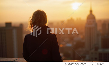 Golden Beauty Young Woman in Black Enjoying the Cityscape 120063250
