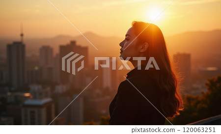 Golden Beauty Young Woman in Black Enjoying the Cityscape 120063251