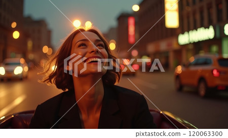 Golden Beauty Young Woman in Black Enjoying the Cityscape 120063300