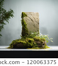 Sustainable rock stone with green moss and plants in sunlight, nature conservation concept, ESG. Environmental protection concept Let's preserve clean nature. 120063375