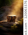 Wet Stone pedestal, rocky podium in magical sunlight in a dense forest. Abstract natural background, pedestal for eco products and natural products, cosmetics, atmospheric eco backdrop 120063376