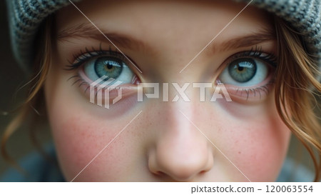 Close Up Portrait of Blue Eyes Looking into the Lens 120063554