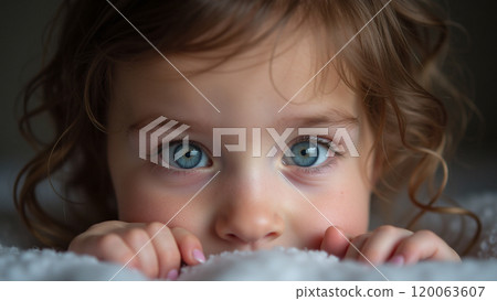 Close Up Portrait of Blue Eyes Looking into the Lens 120063607