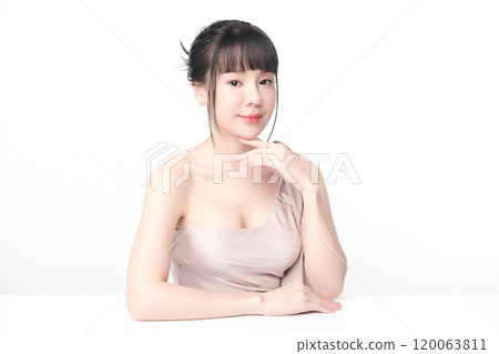 Beautiful young asian woman with clean fresh skin on white background, Face care, Facial treatment, Cosmetology, beauty and spa, Asian women portrait. 120063811