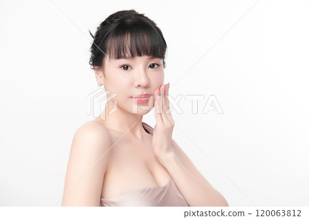 Beautiful young asian woman with clean fresh skin on white background, Face care, Facial treatment, Cosmetology, beauty and spa, Asian women portrait. 120063812