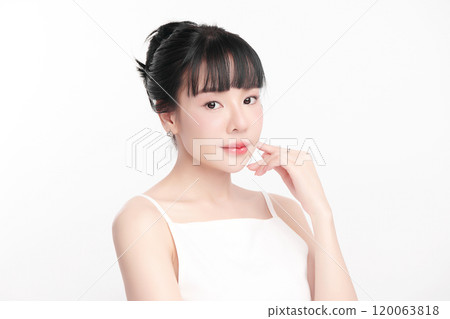 Beautiful young asian woman with clean fresh skin on white background, Face care, Facial treatment, Cosmetology, beauty and spa, Asian women portrait. 120063818