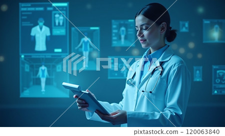 Doctor Touching Virtual Screen with Digital Medical Record and DNA Data 120063840