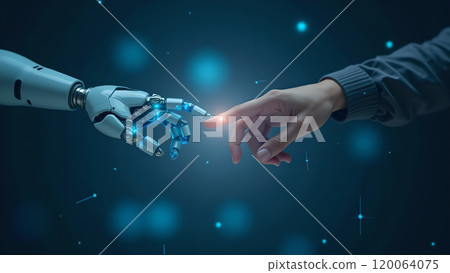 The Future of AI Robot and Human Hands Touching in Big Data The Future of AI Robot and Human Hands Touching in Big Data 120064075