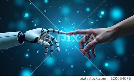 The Future of AI Robot and Human Hands Touching in Big Data The Future of AI Robot and Human Hands Touching in Big Data 120064076
