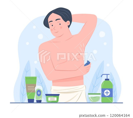 Healthy Man Spraying Deodorant Cologne Perfume on Body for Beauty Skin Treatment Concept Illustration 120064164
