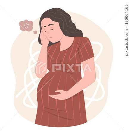 Pregnant Woman Stress Out for Depression and Mental Health Concept Illustration 120064166