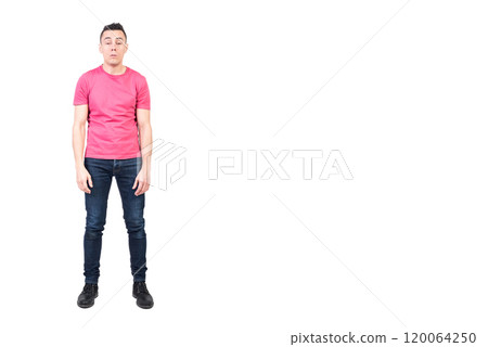 Tired half asleep man in studio. White background Tired half asleep man in studio. White background 120064250