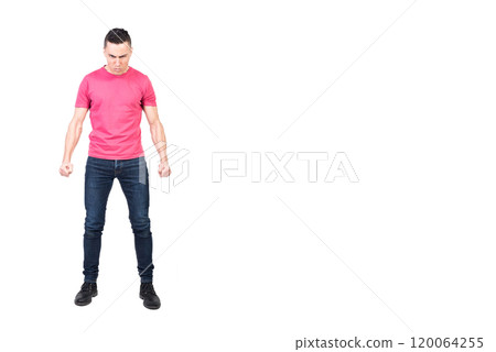 Enraged man clenching fists and frowning. White background Enraged man clenching fists and frowning. White background 120064255