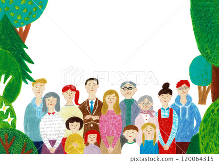 Hand-drawn illustration: Men and women of all ages smiling among the trees 120064315