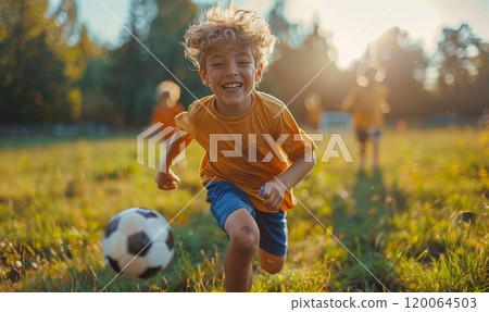 Joyful Child Playing Soccer Outdoors on a Sunny Day in a Park 120064503