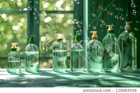 Various Sizes of Liquid Soap Bottles with Pump Dispensers on a Sunlit Table with Bubbles and Green Background 120064506