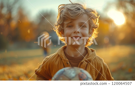 Joyful Child Playing with Soccer Ball in Autumn Park During Golden Hour Joyful Child Playing with Soccer Ball in Autumn Park During Golden Hour 120064507