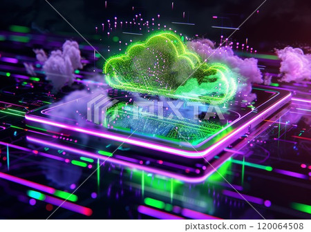 Futuristic Cloud Computing Concept with Neon Lights and Digital Elements, Symbolizing Modern Technology and Data Storage 120064508