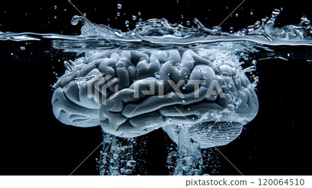 Close-Up of a Human Brain Submerged in Water with Splashing Effect on Black Background 120064510