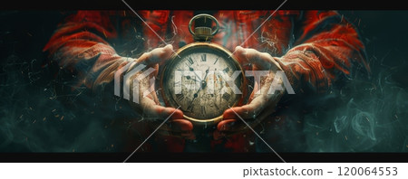 Vintage Pocket Watch Held by Hands with Mystical Smoke and Sparks in Background 120064553