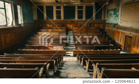 Abandoned Vintage Classroom with Wooden Benches and Peeling Paint in Sunlit Historic Building 120064621