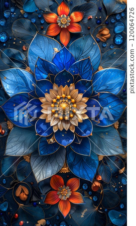 Intricate Digital Artwork of Blue and Orange Flowers with Gold Accents on a Dark Background 120064726