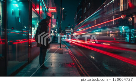 Urban Night Scene with Light Trails and Silhouetted Figure on City Street 120064727