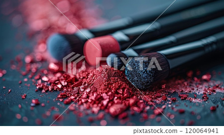Close-up of Makeup Brushes with Red and Black Crushed Eyeshadow on Dark Background 120064941