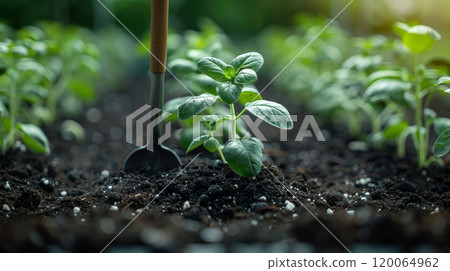 Young Plant Growing in Fertile Soil with Gardening Tool in Background, Close-Up of Green Seedling in Garden 120064962