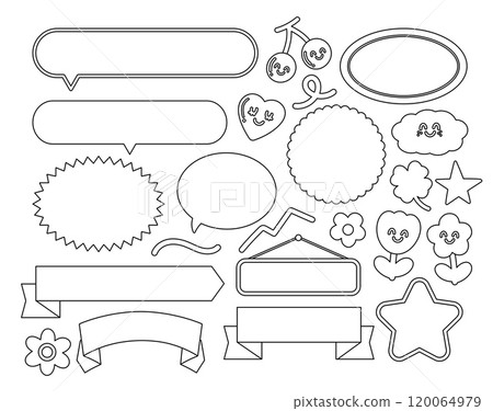 Text bubble outlines with flowers, clover leaf, heart, star, cherry for cartoon, comic, dialogue, chatting, text, message, name tag, sticker, cute patches, brooch, kid colouring book, art, painting 120064979